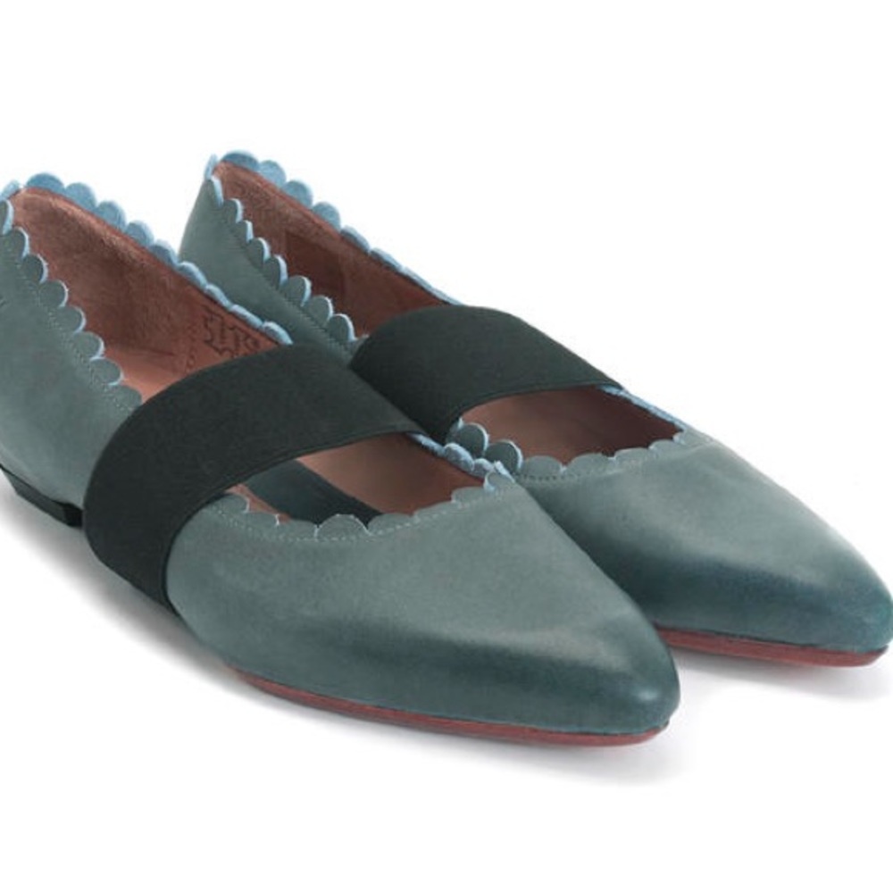 John Fluevog Power Wind Pointed Scalloped Leather Ballet Flat 10.5